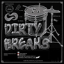 Vintage-style drum kit illustration for "Dirty Breaks" sample pack, featuring white chalk-like drawings on black background.