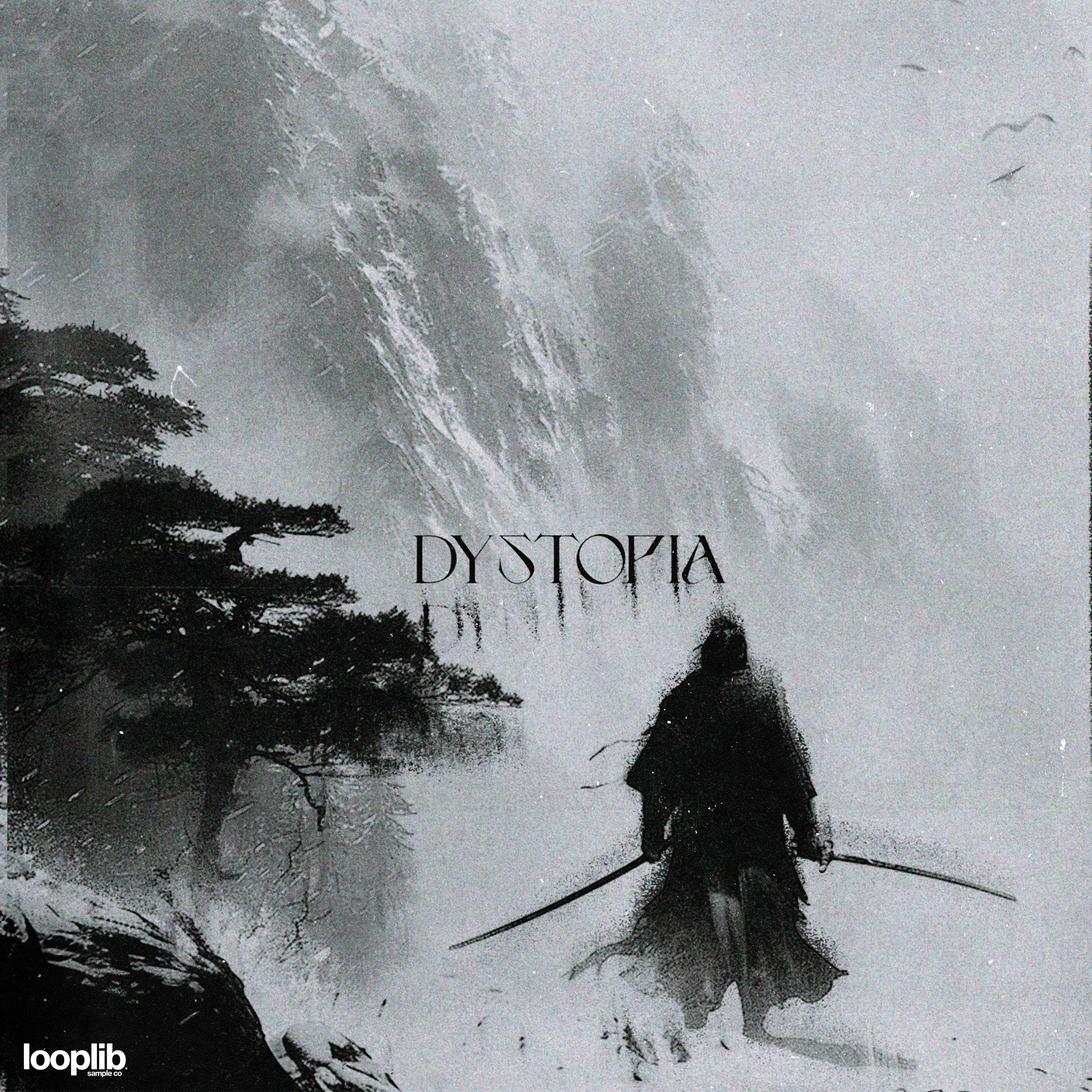 Moody black and white image of a lone figure with a sword facing a misty, mountainous landscape. The word "DYSTOPIA" is prominently displayed.