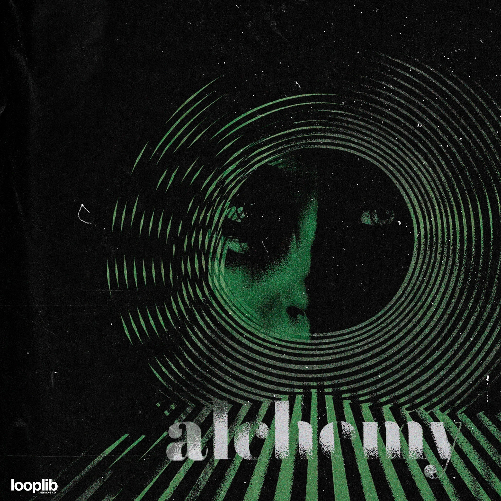 Loop kit cover "alchemy" featuring a glowing green eye surrounded by hypnotic circles on black background.