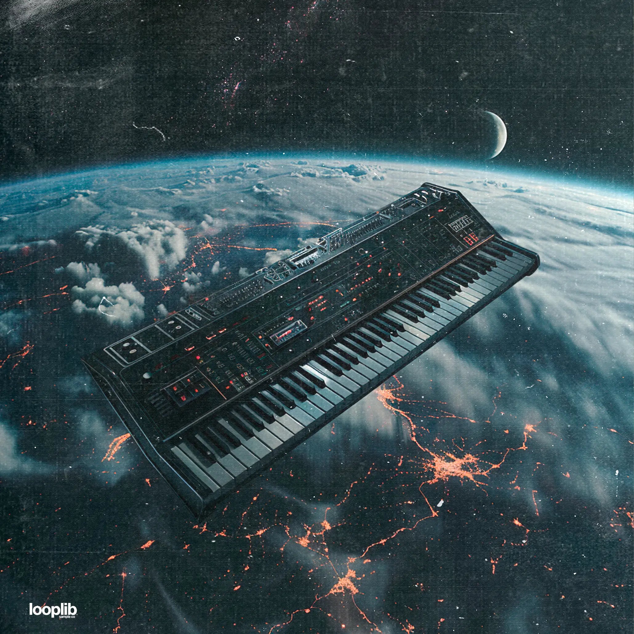 Loop Kit Cover art featuring a synthesizer keyboard floating above Earth, space view with crescent moon, city lights, and cosmic atmosphere, digital art concept