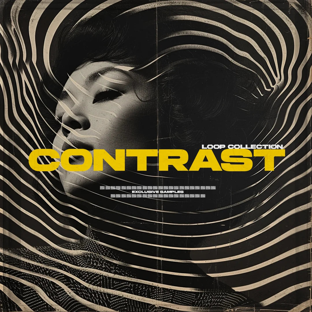 Loop collection cover "CONTRAST" featuring a woman's face with swirling lines, in black and white with yellow text.