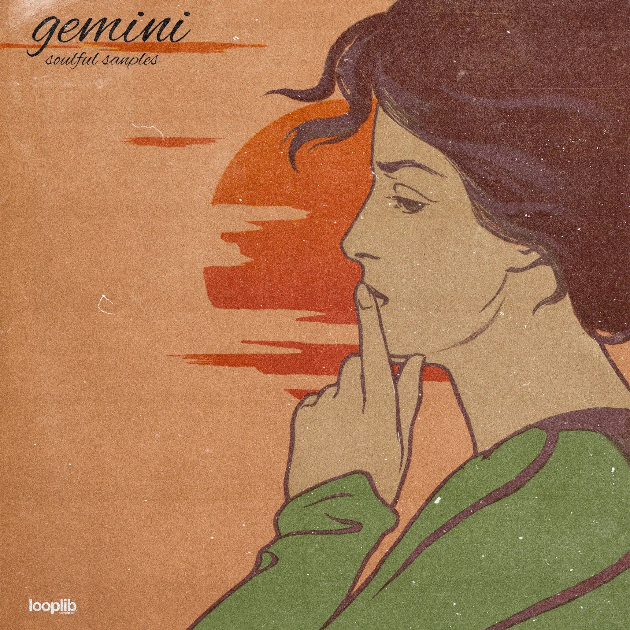 Vintage-style illustration for 'Gemini: Soulful Samples' loop kit cover. Features a profile view of a woman with purple hair making a shushing gesture against an orange and beige background. 