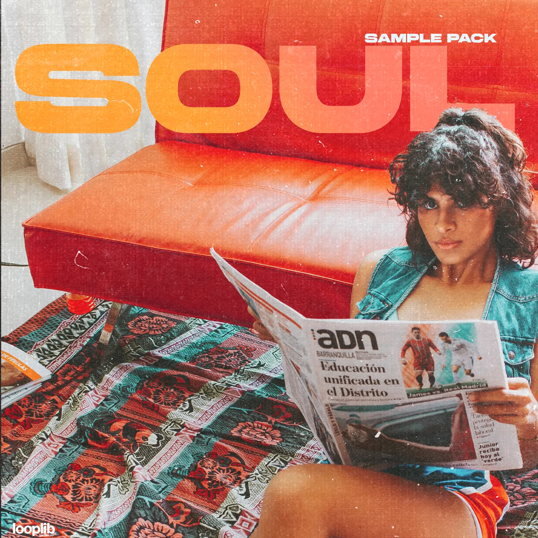 Retro soul sample pack cover featuring person reading Spanish newspaper on red couch, with 'SOUL' text in orange and vintage aesthetic